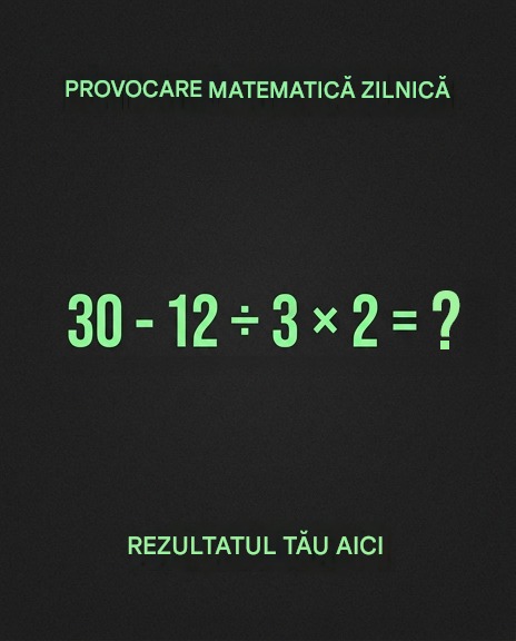 În acest exemplu, trebuie să răspundeți rapid, dar mai presus de toate să respectați ordinea operațiilor: 30 – 12 ÷ 3 × 2 = ? Răspunsul corect se află în primul comentariu.